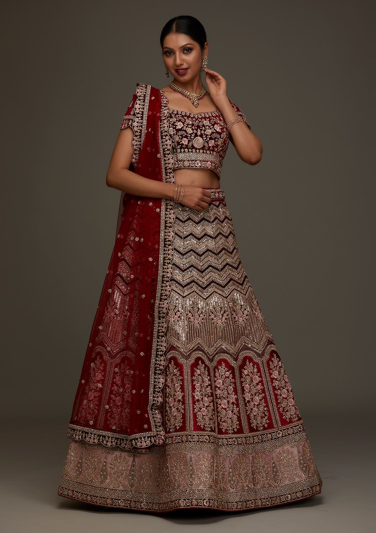 Maroon Stonework Velvet Designer Semi-Stitched Lehenga - Koskii