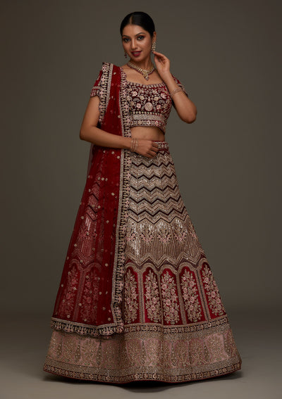 Maroon Stonework Velvet Designer Semi-Stitched Lehenga - Koskii