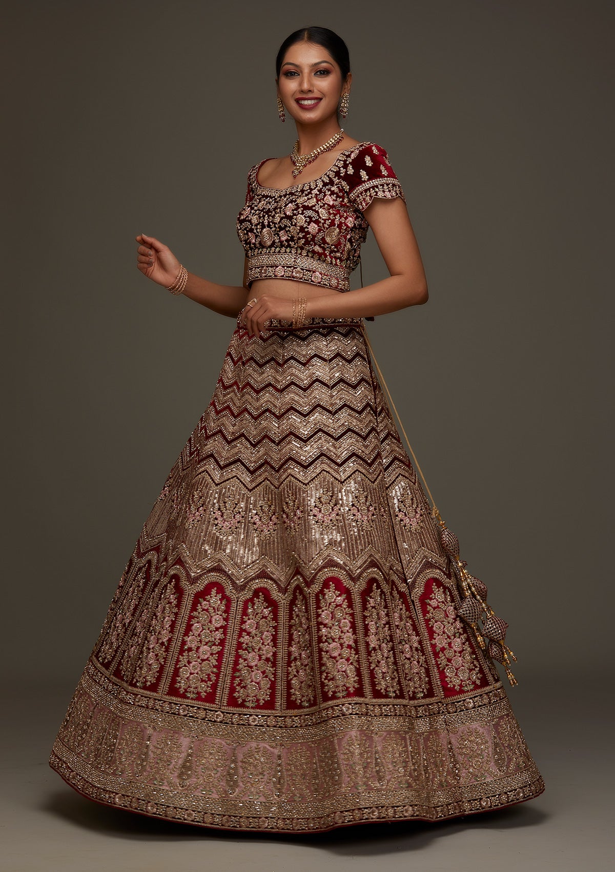 Maroon Stonework Velvet Designer Semi-Stitched Lehenga - Koskii