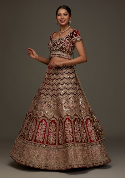Maroon Stonework Velvet Designer Semi-Stitched Lehenga - Koskii