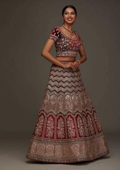 Maroon Stonework Velvet Designer Semi-Stitched Lehenga - Koskii