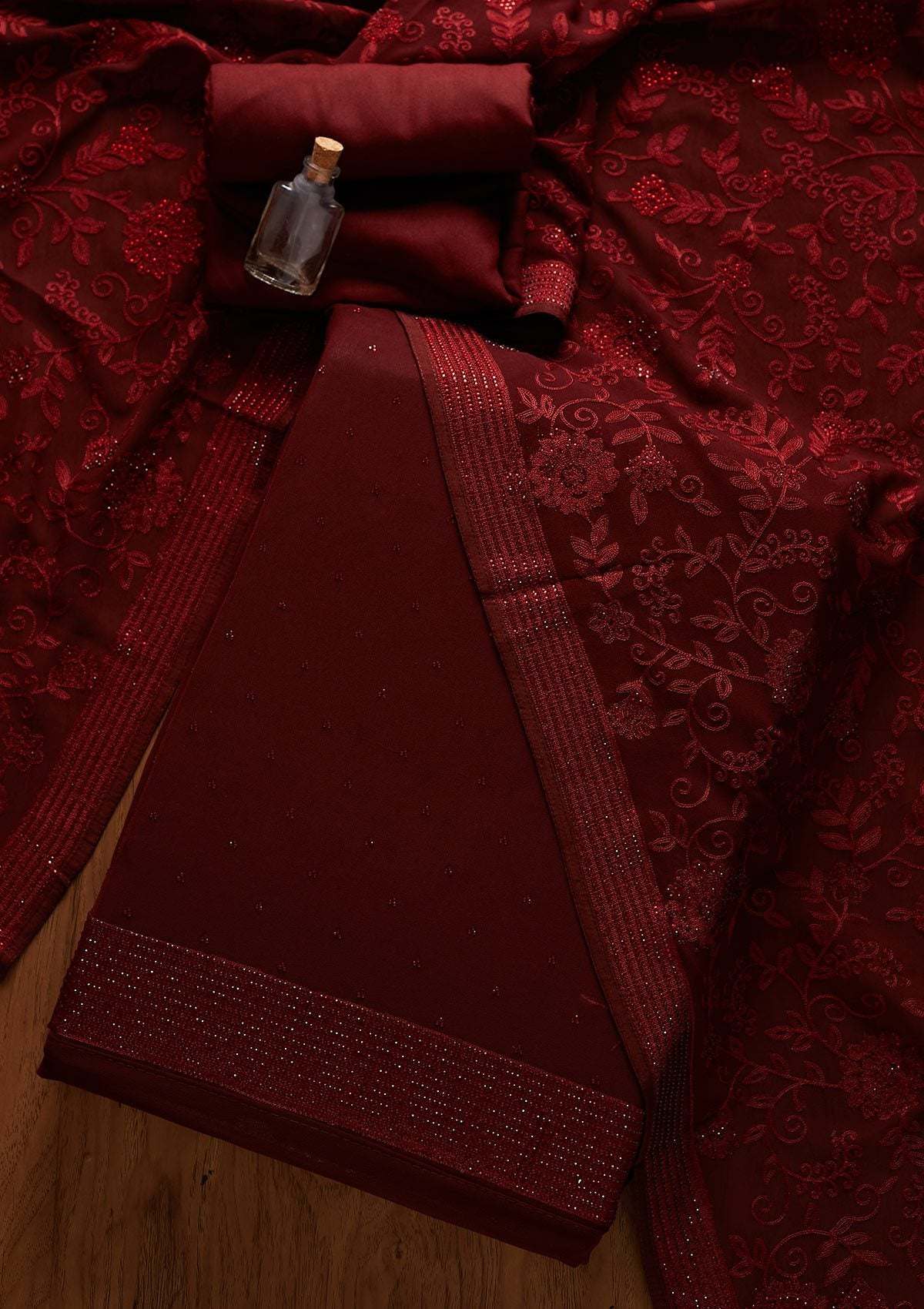 Maroon Swarovski Georgette Designer Unstitched Salwar Suit - koskii