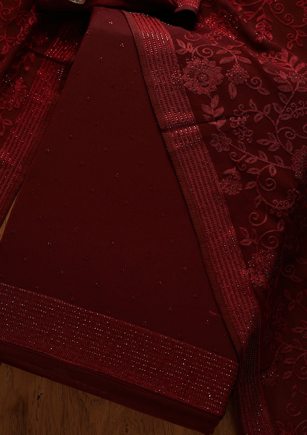 Maroon Swarovski Georgette Designer Unstitched Salwar Suit - koskii