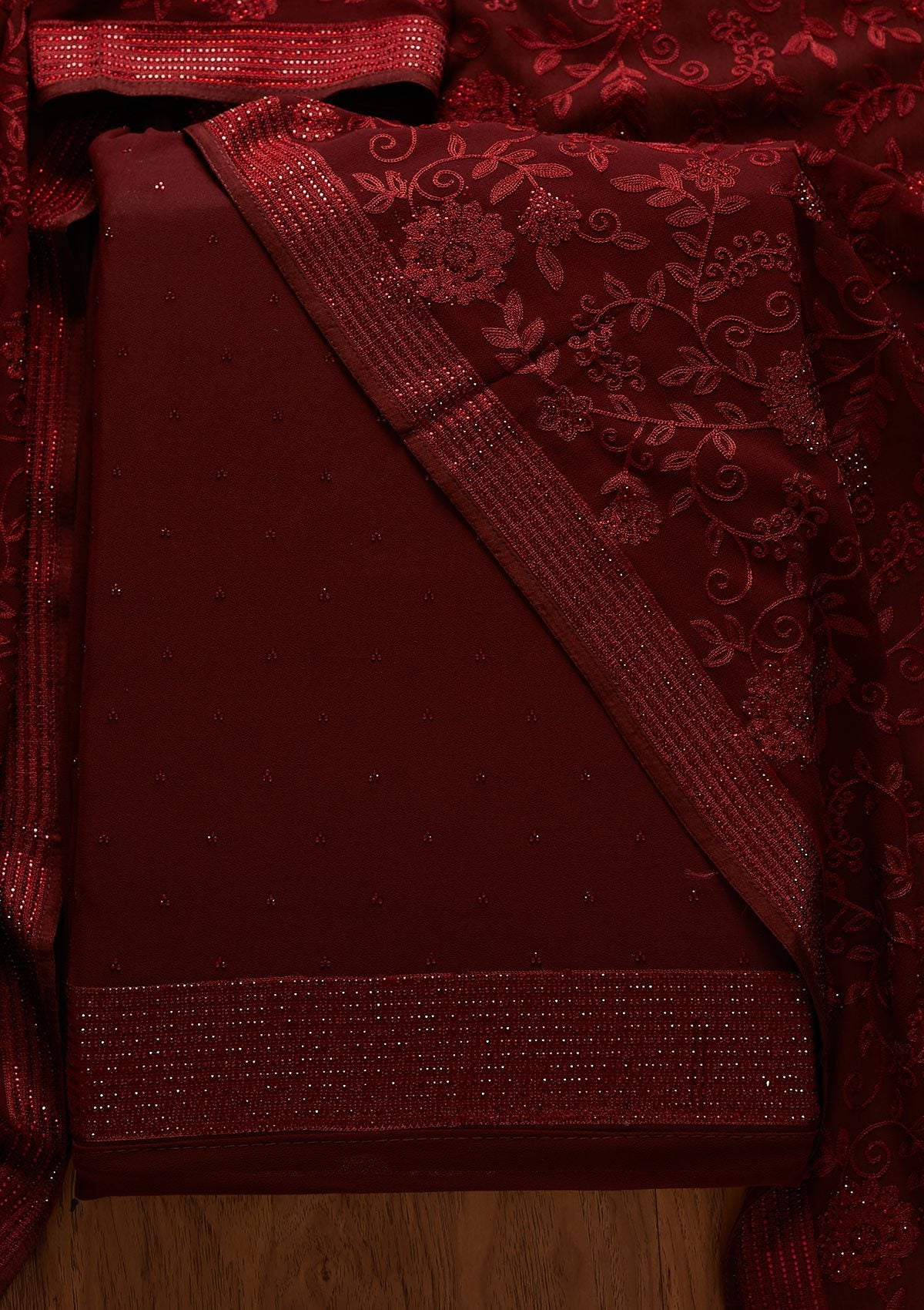 Maroon Swarovski Georgette Designer Unstitched Salwar Suit - koskii