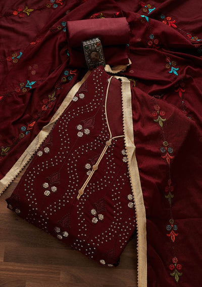 Maroon Swarovski Georgette Designer Unstitched Salwar Suit - Koskii