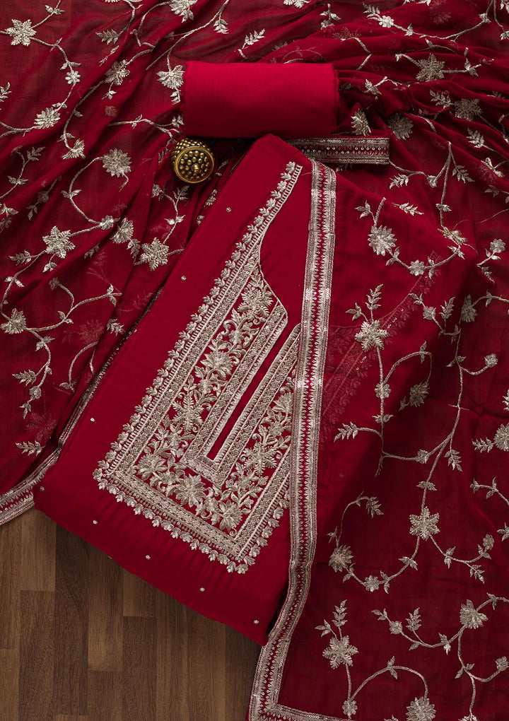 Maroon Swarovski Georgette Unstitched Salwar Suit-Koskii