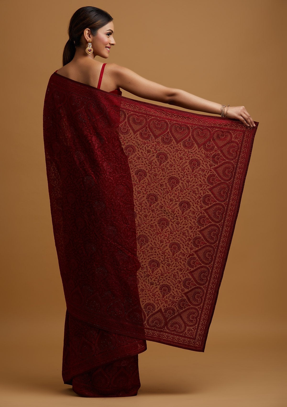 Maroon Swarovski Georgette Designer Saree - koskii
