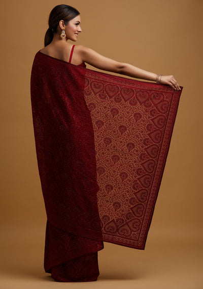 Maroon Swarovski Georgette Designer Saree - koskii