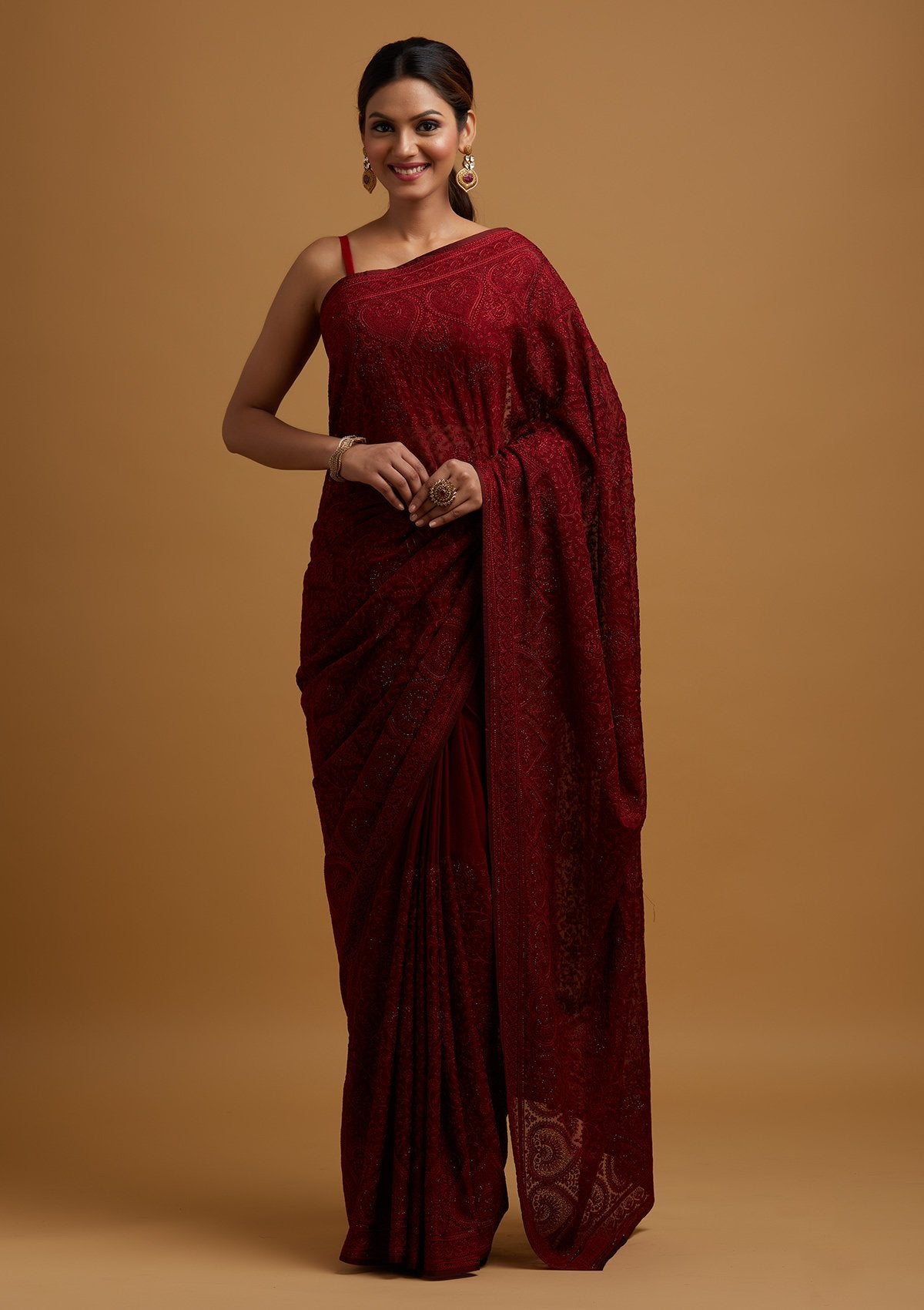 Maroon Swarovski Georgette Designer Saree - koskii