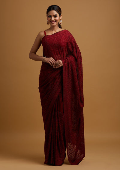 Maroon Swarovski Georgette Designer Saree - koskii