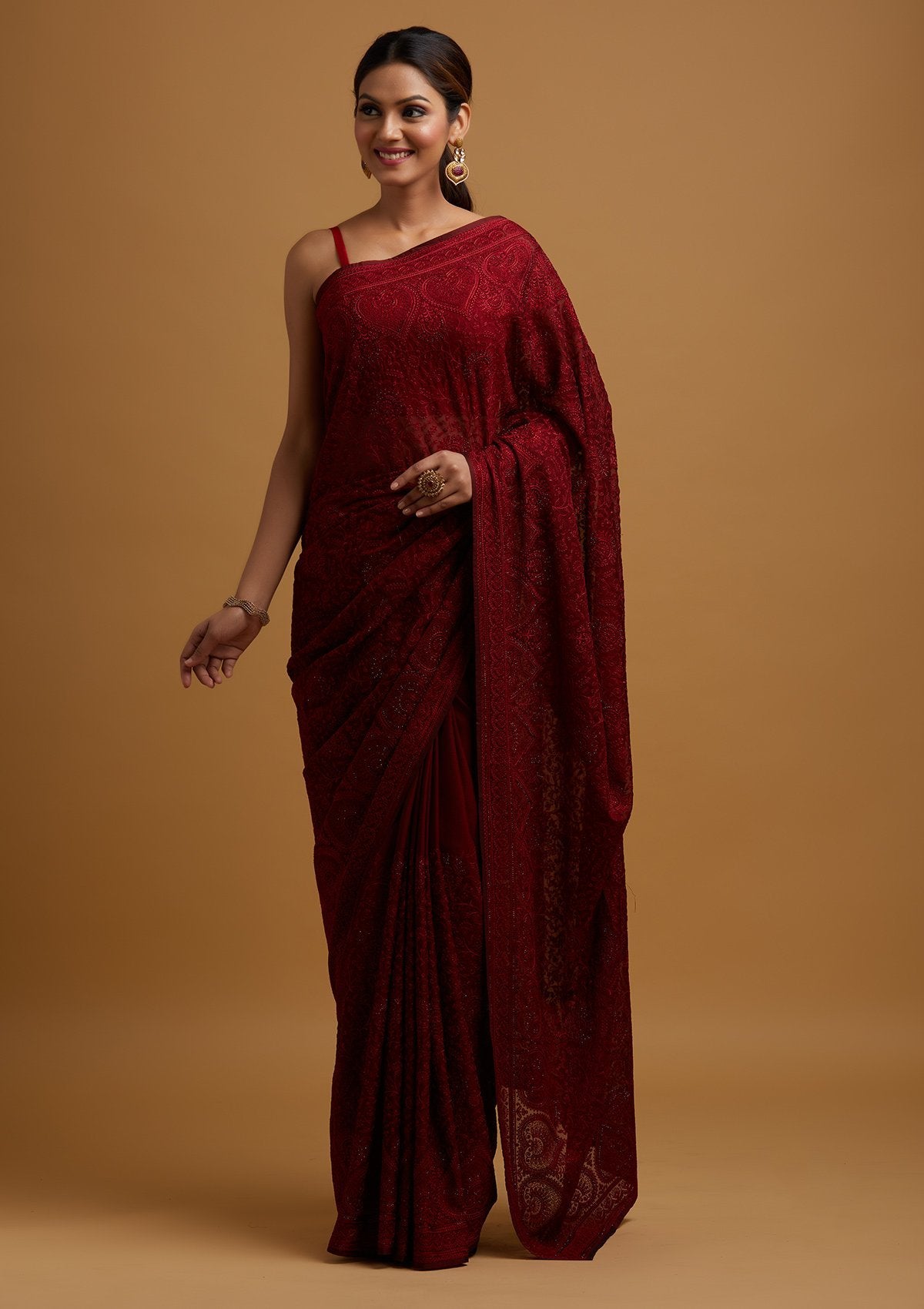 Maroon Swarovski Georgette Designer Saree - koskii