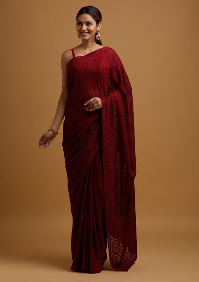 Maroon Swarovski Georgette Designer Saree - koskii