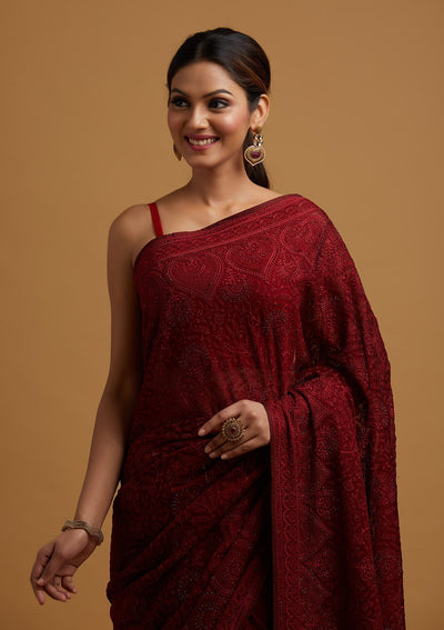 Maroon Swarovski Georgette Designer Saree - koskii