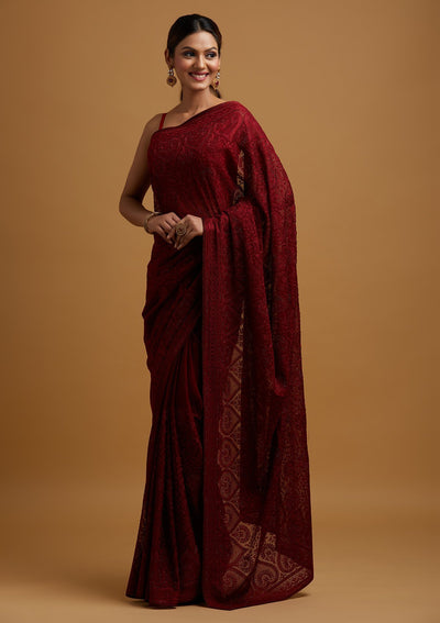 Maroon Swarovski Georgette Designer Saree - koskii