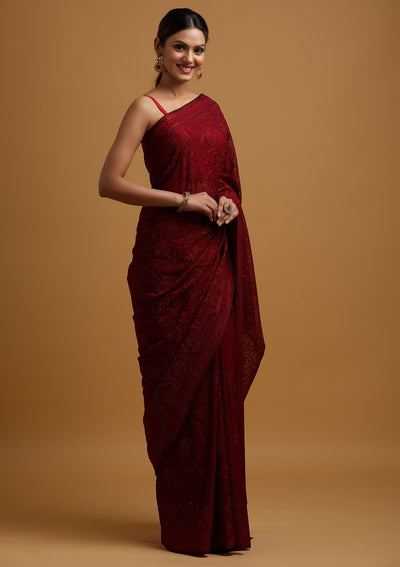 Maroon Swarovski Georgette Designer Saree - koskii