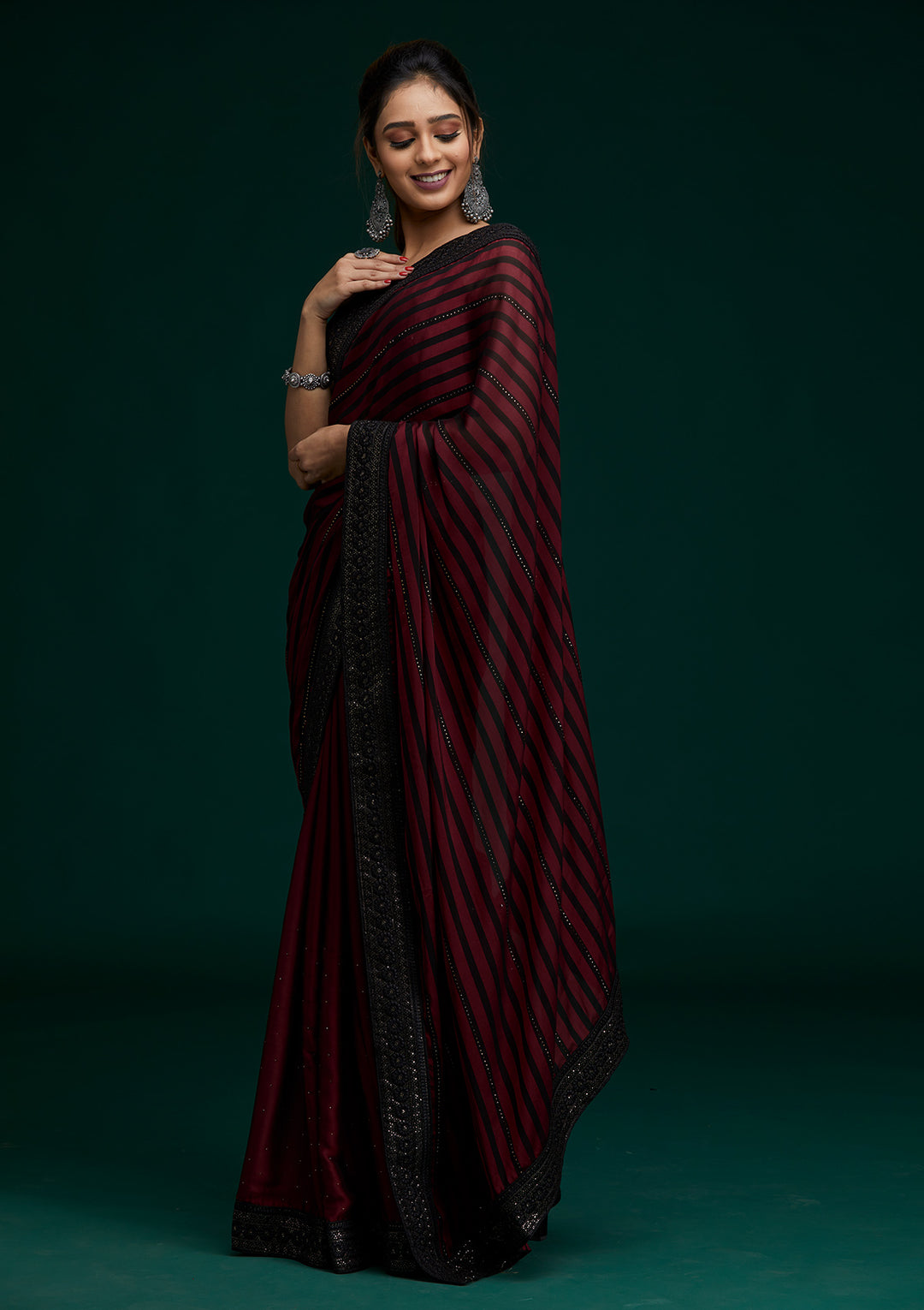 Maroon Swarovski Georgette Saree - Koskii
