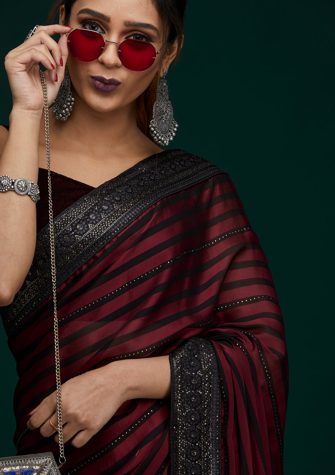 Maroon Swarovski Georgette Saree - Koskii