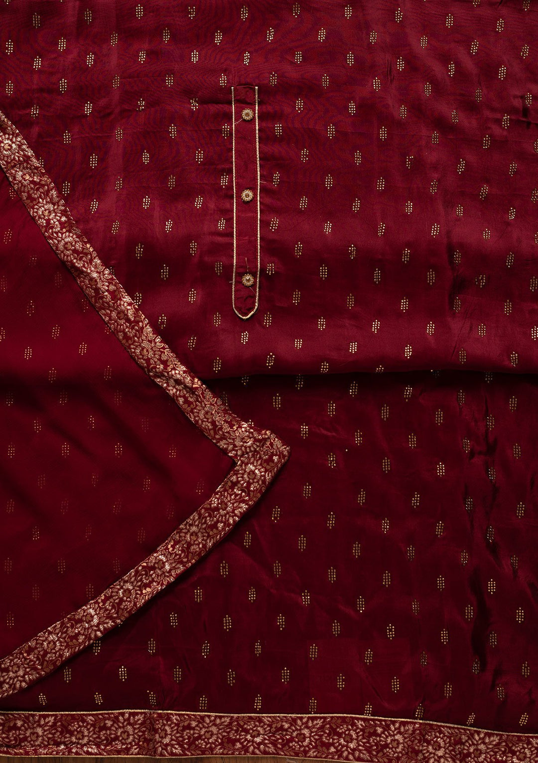 Maroon Swarovski Satin Designer Unstitched Salwar Suit - koskii