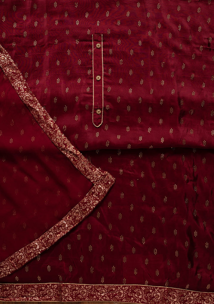 Maroon Swarovski Satin Designer Unstitched Salwar Suit - koskii