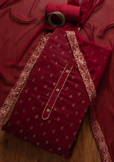 Maroon Swarovski Satin Designer Unstitched Salwar Suit - koskii