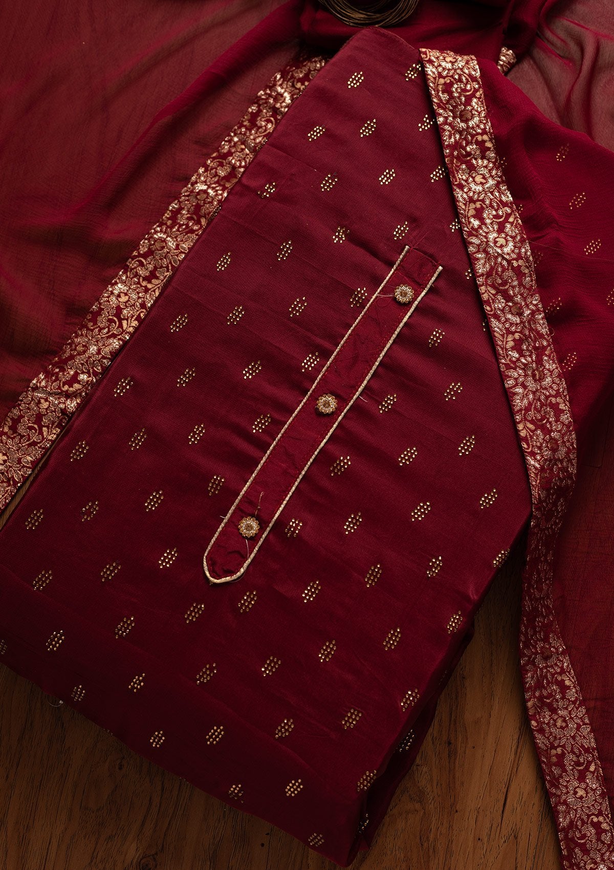 Maroon Swarovski Satin Designer Unstitched Salwar Suit - koskii