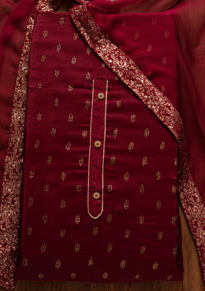 Maroon Swarovski Satin Designer Unstitched Salwar Suit - koskii