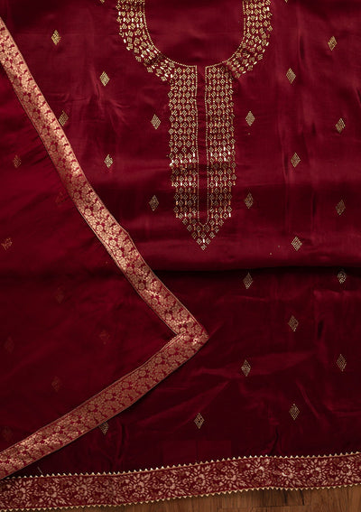 Maroon Swarovski Satin Designer Unstitched Salwar Suit - koskii