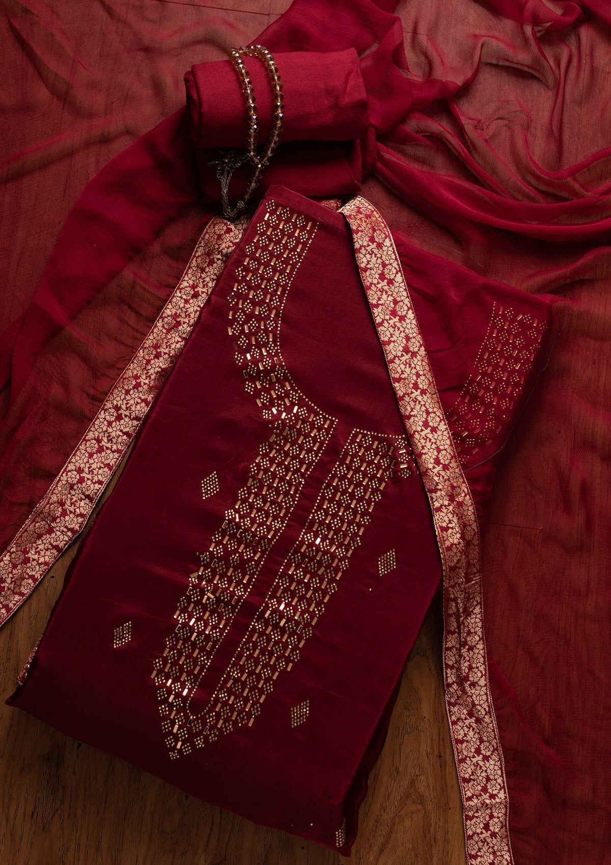 Maroon Swarovski Satin Designer Unstitched Salwar Suit - koskii