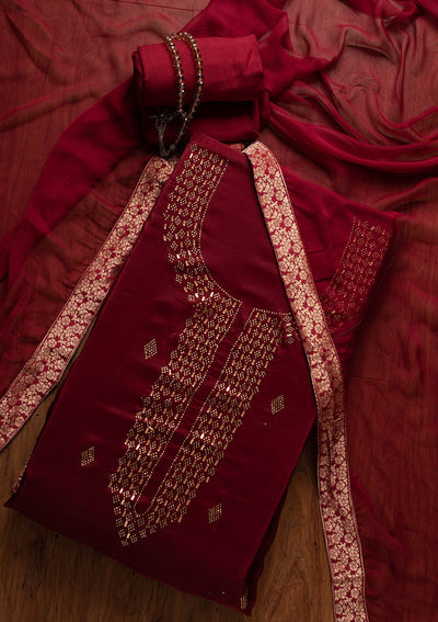 Maroon Swarovski Satin Designer Unstitched Salwar Suit - koskii