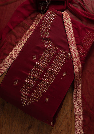 Maroon Swarovski Satin Designer Unstitched Salwar Suit - koskii