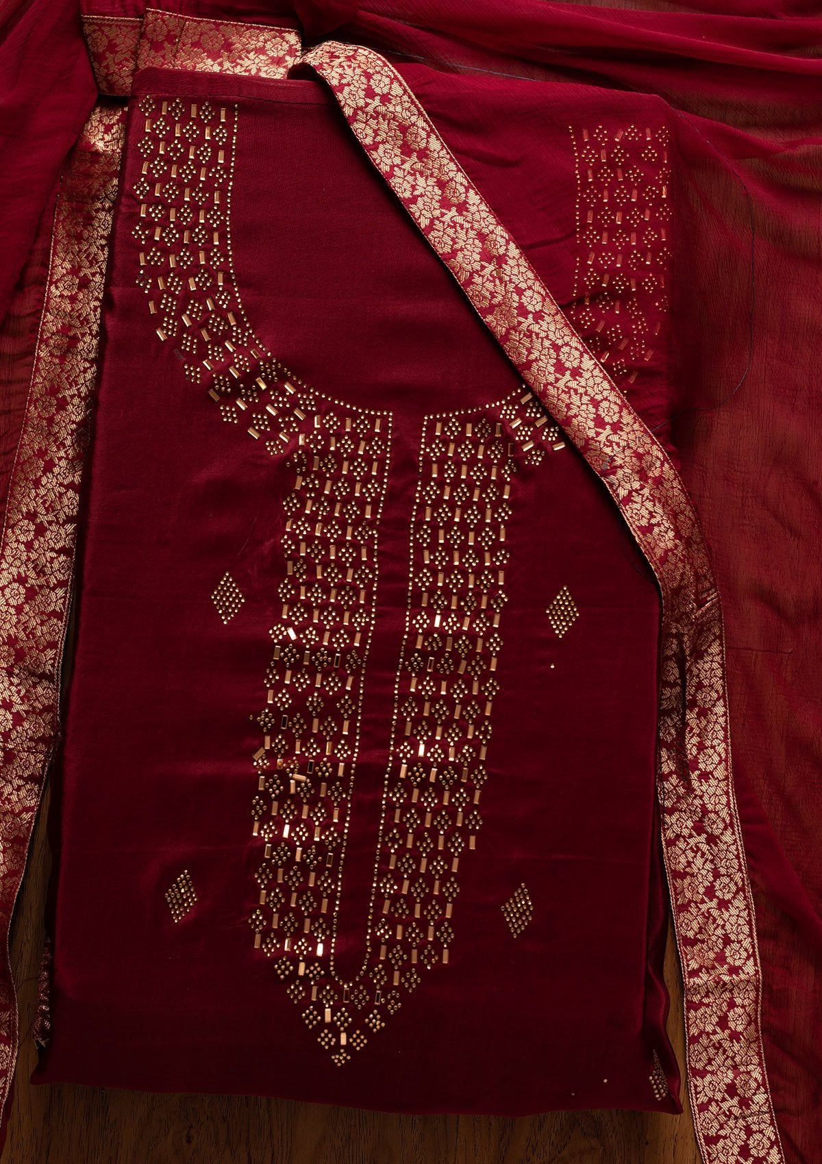 Maroon Swarovski Satin Designer Unstitched Salwar Suit - koskii