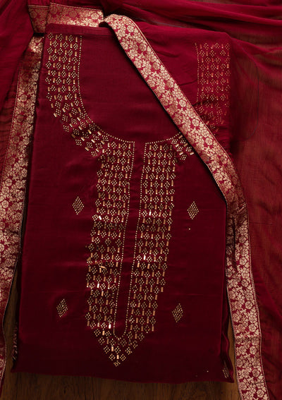 Maroon Swarovski Satin Designer Unstitched Salwar Suit - koskii