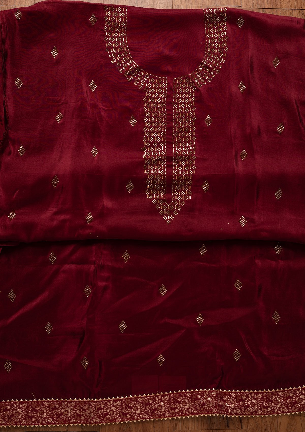 Maroon Swarovski Satin Designer Unstitched Salwar Suit - koskii