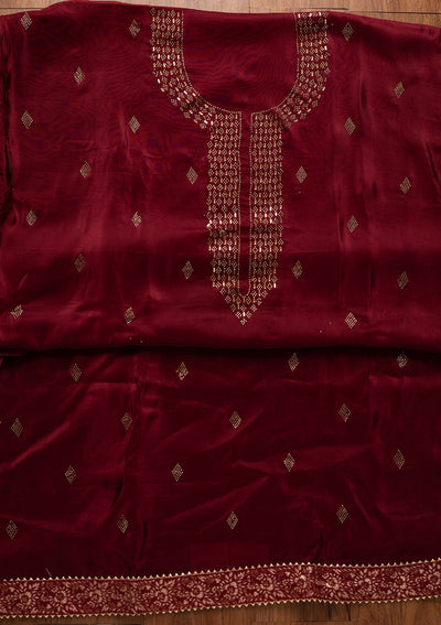 Maroon Swarovski Satin Designer Unstitched Salwar Suit - koskii