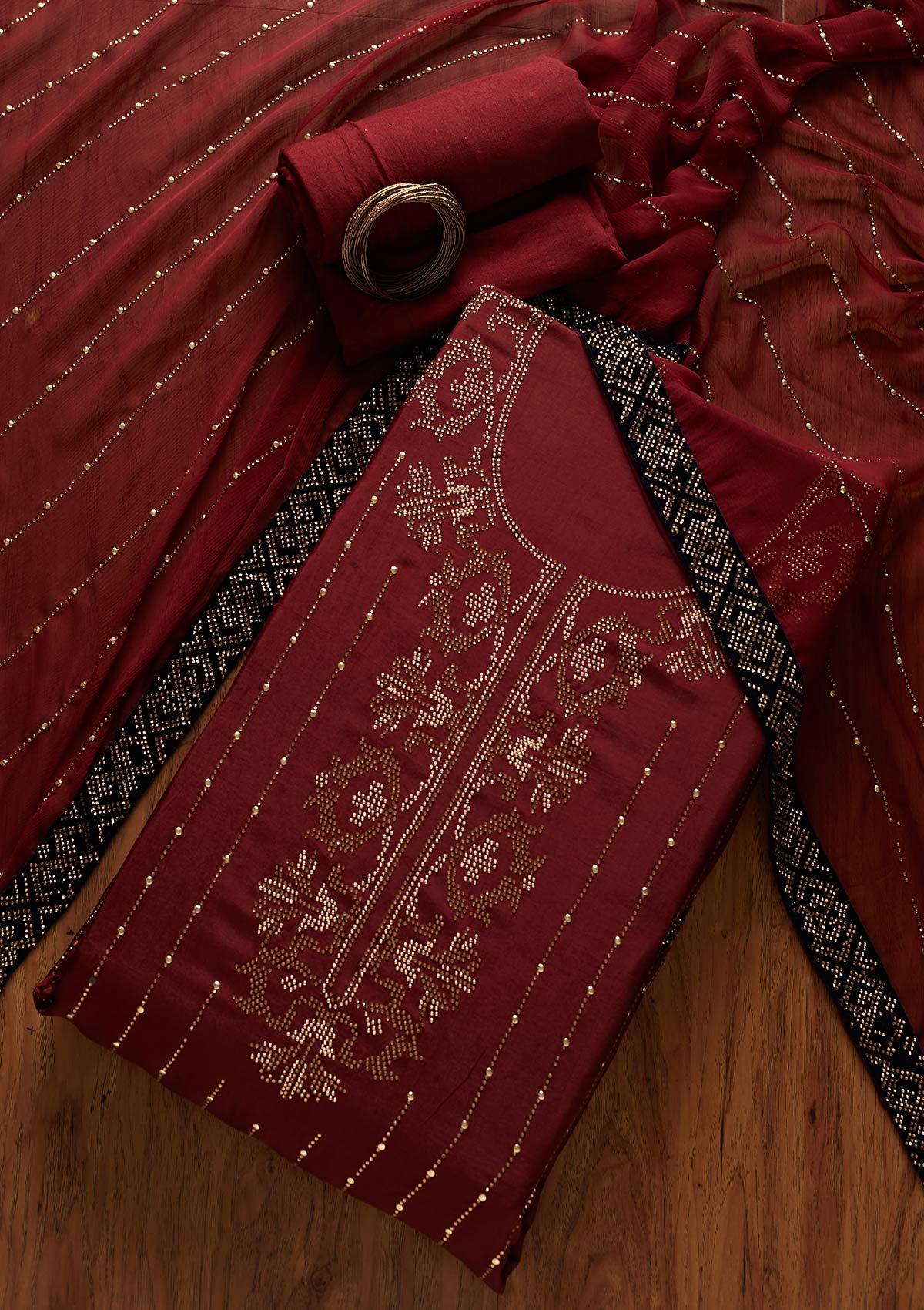 Maroon Swarovski Semi Crepe Designer Unstitched Salwar Suit - koskii