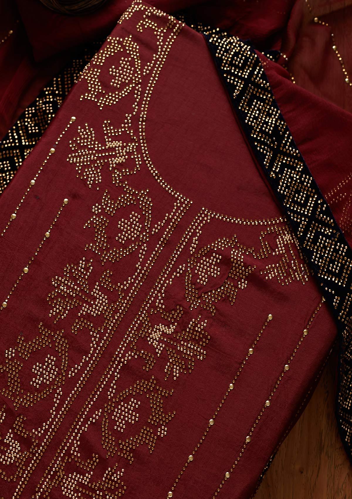 Maroon Swarovski Semi Crepe Designer Unstitched Salwar Suit - koskii