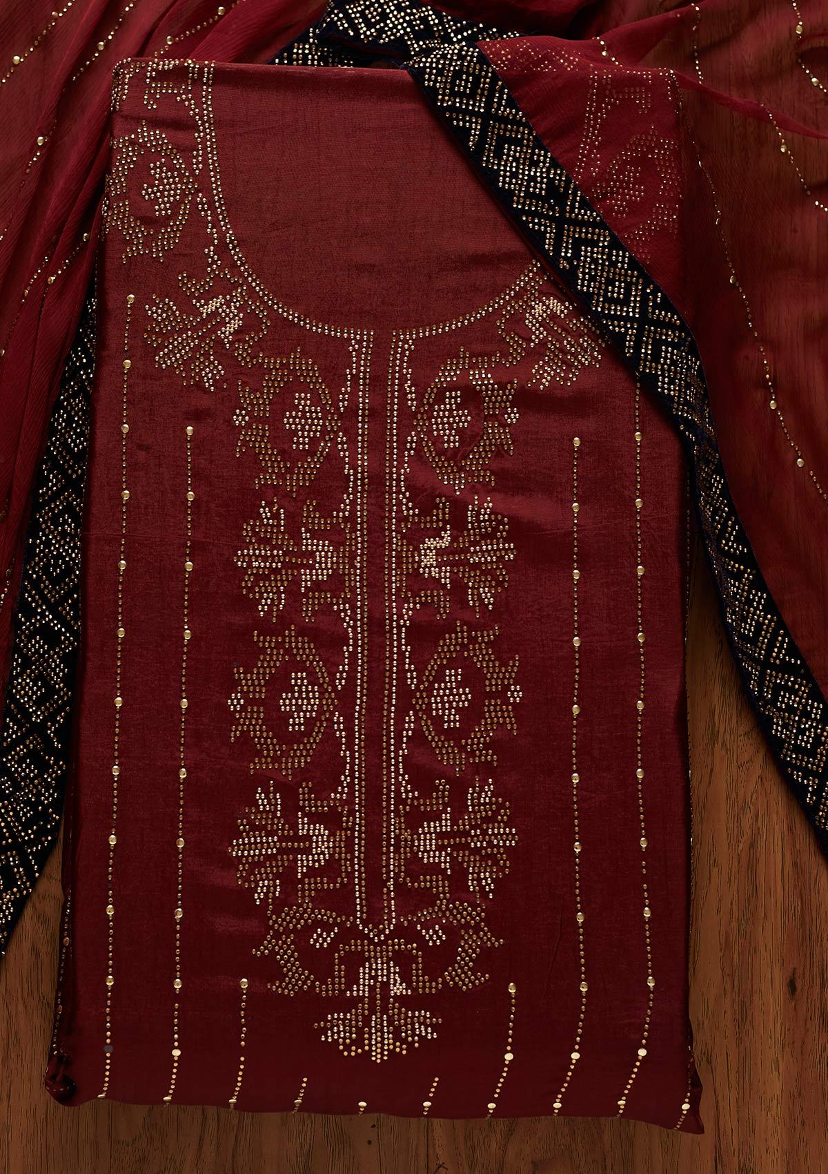 Maroon Swarovski Semi Crepe Designer Unstitched Salwar Suit - koskii