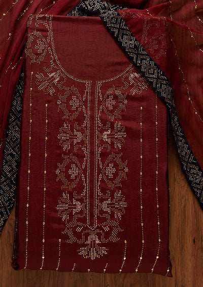 Maroon Swarovski Semi Crepe Designer Unstitched Salwar Suit - koskii