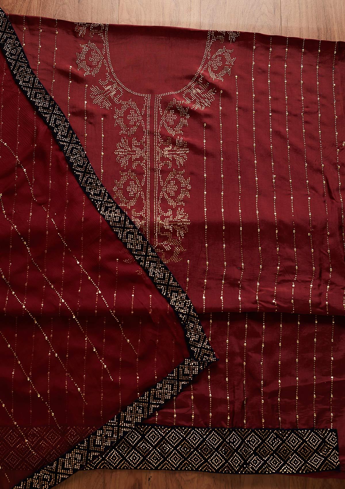 Maroon Swarovski Semi Crepe Designer Unstitched Salwar Suit - koskii