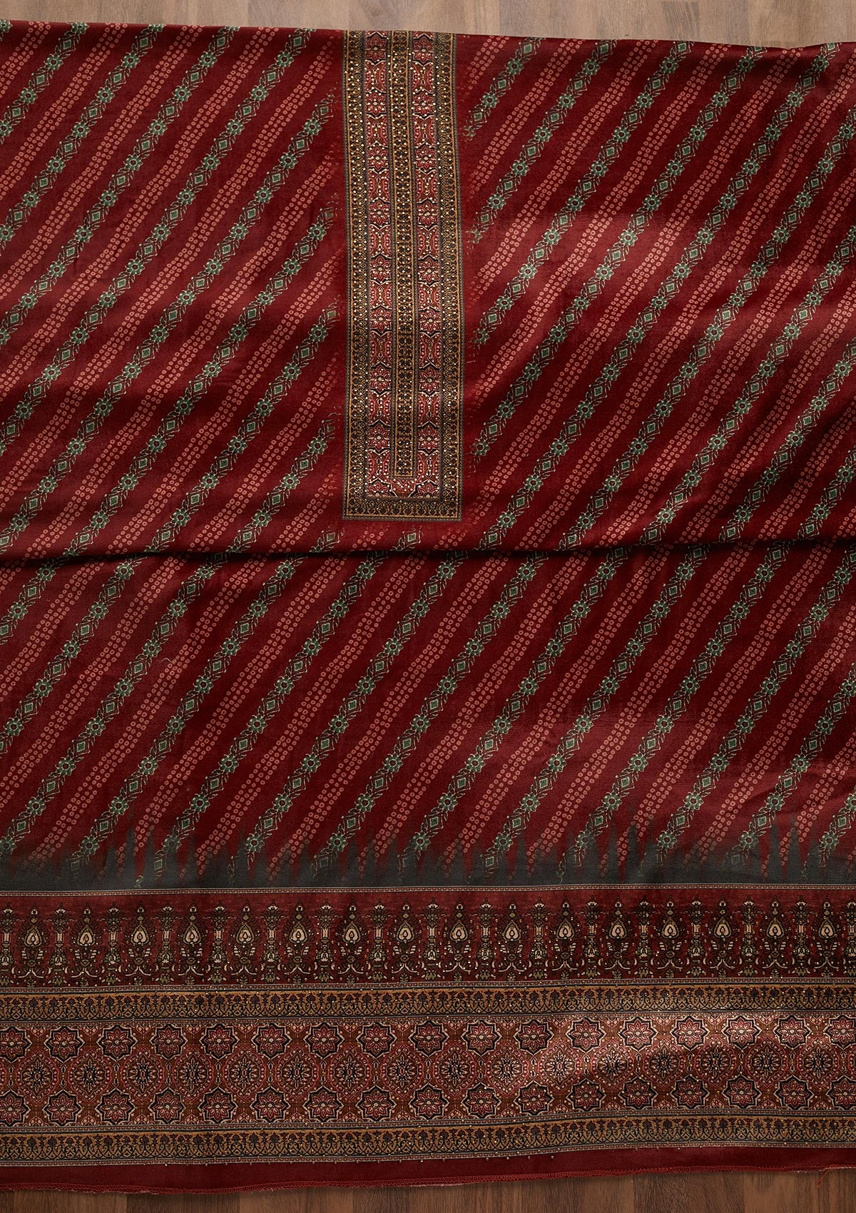 Maroon Swarovski Velvet Unstitched Salwar Suit - Koskii