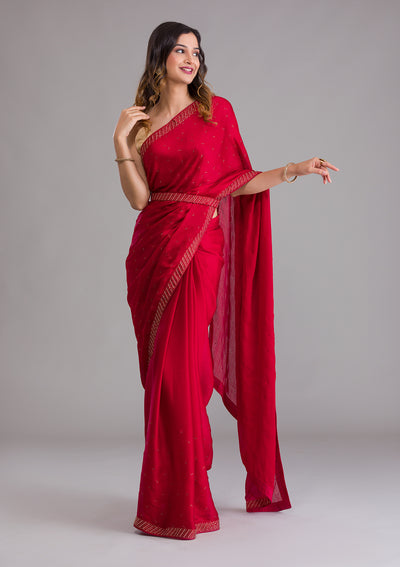 Maroon Swarovski Semi Crepe Saree-Koskii