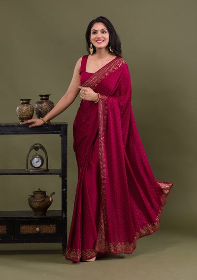 Maroon Swarovski Semi Crepe Saree-Koskii