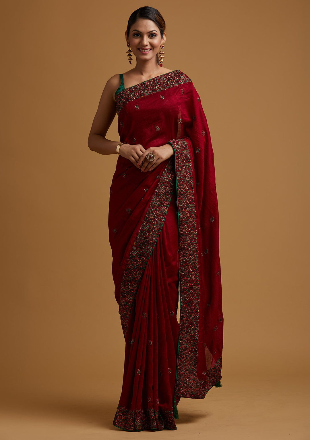 Maroon Threadwork Art Silk Designer Saree - koskii