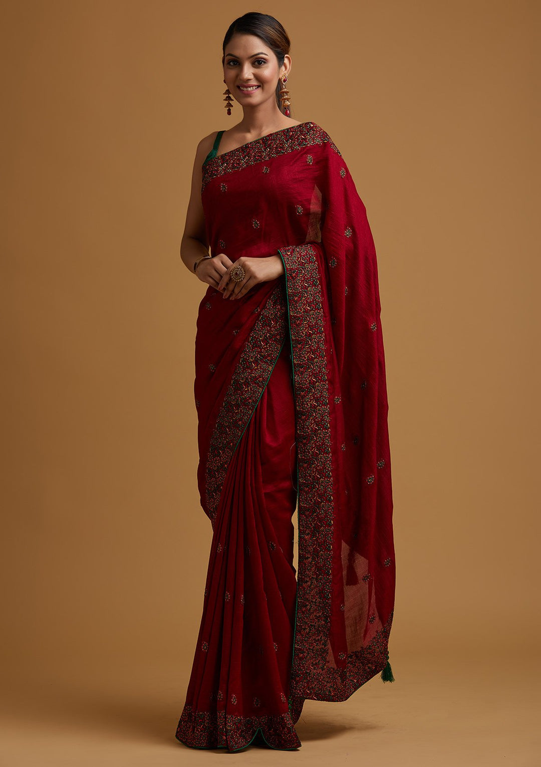 Maroon Threadwork Art Silk Designer Saree - koskii
