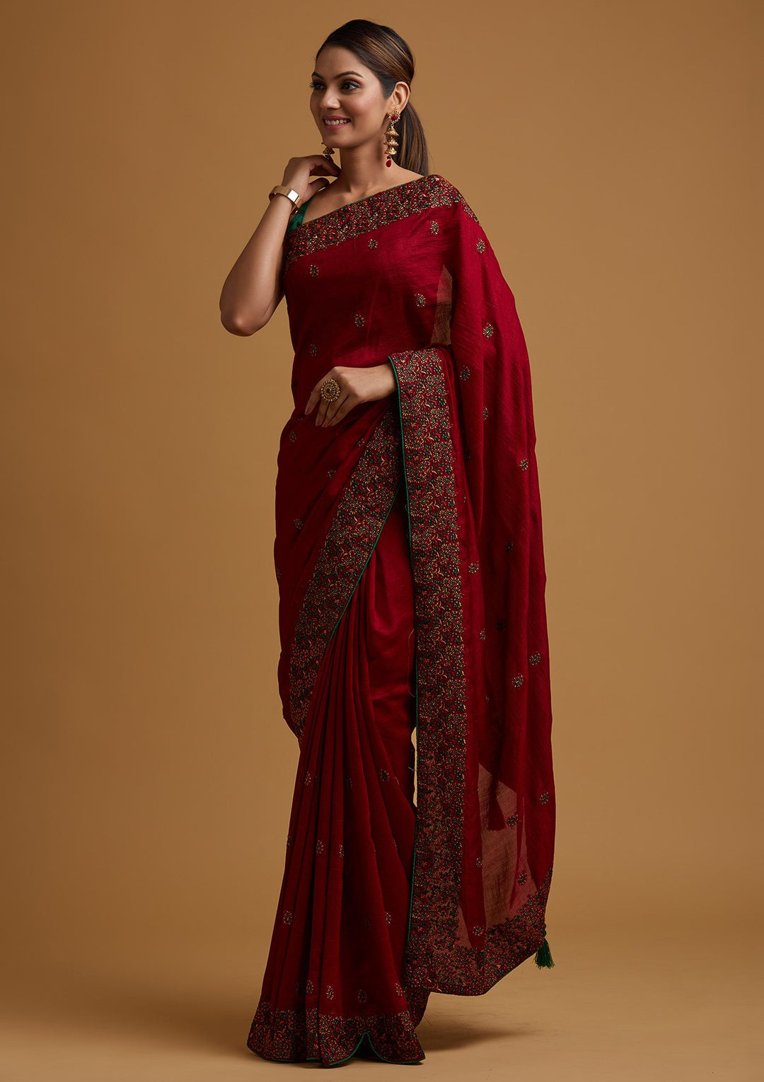 Maroon Threadwork Art Silk Designer Saree - koskii