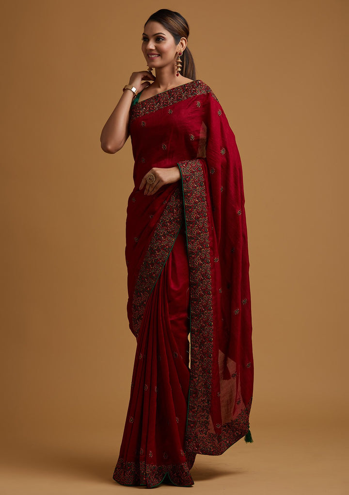 Maroon Threadwork Art Silk Designer Saree - koskii