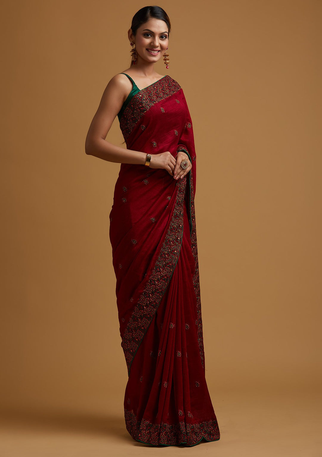 Maroon Threadwork Art Silk Designer Saree - koskii