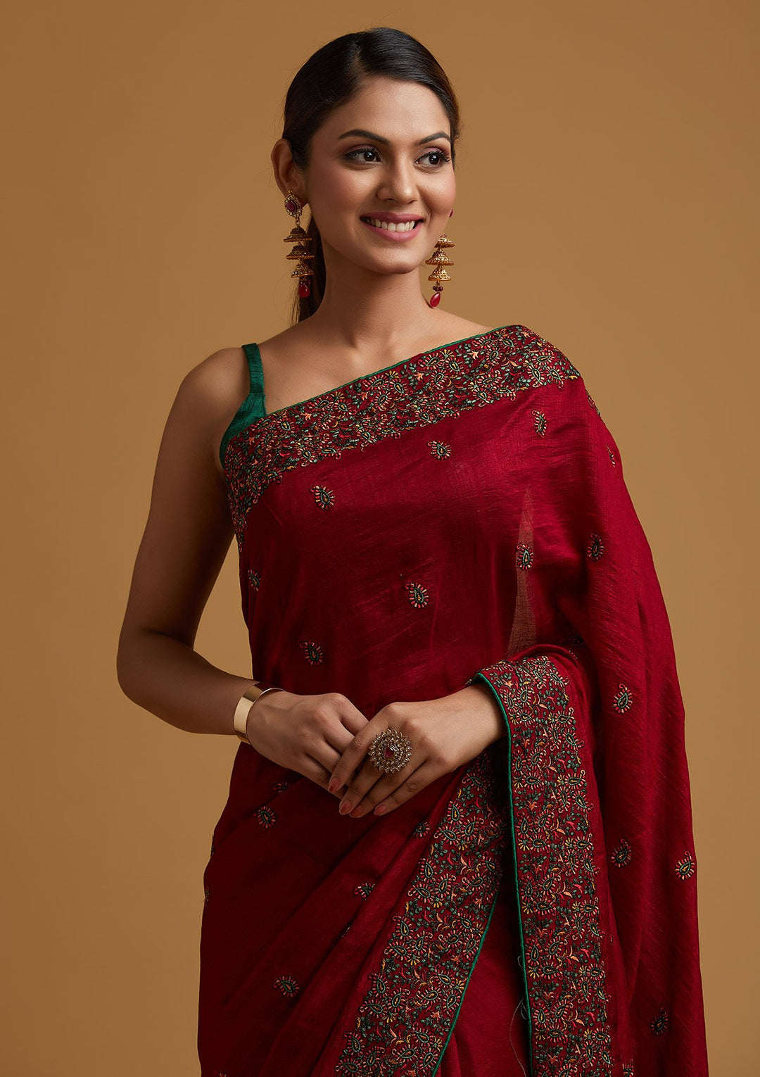 Maroon Threadwork Art Silk Designer Saree - koskii