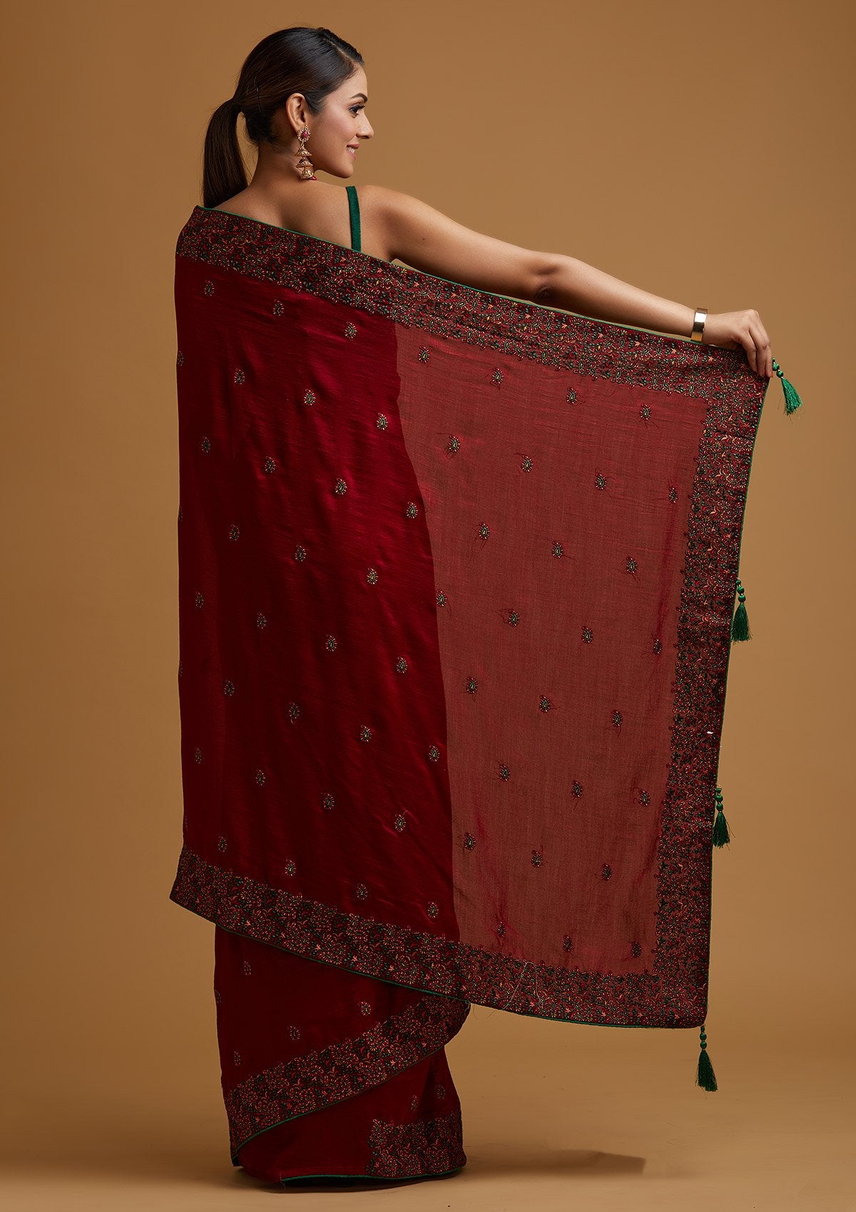 Maroon Threadwork Art Silk Designer Saree - koskii
