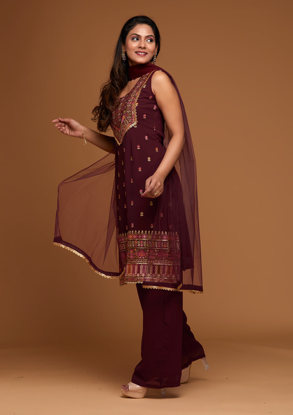 Maroon Threadwork Georgette Designer Salwar Suit - Koskii